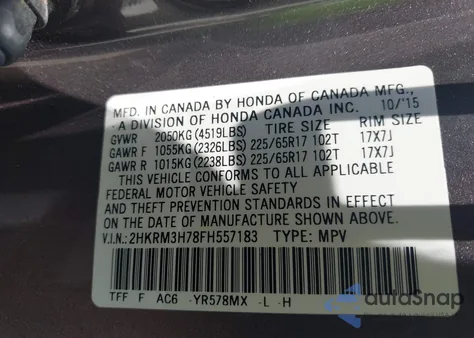 2015 Honda Cr-V Ex-L z USA, uszkodzony, nr VIN 2HKRM3H78FH557183